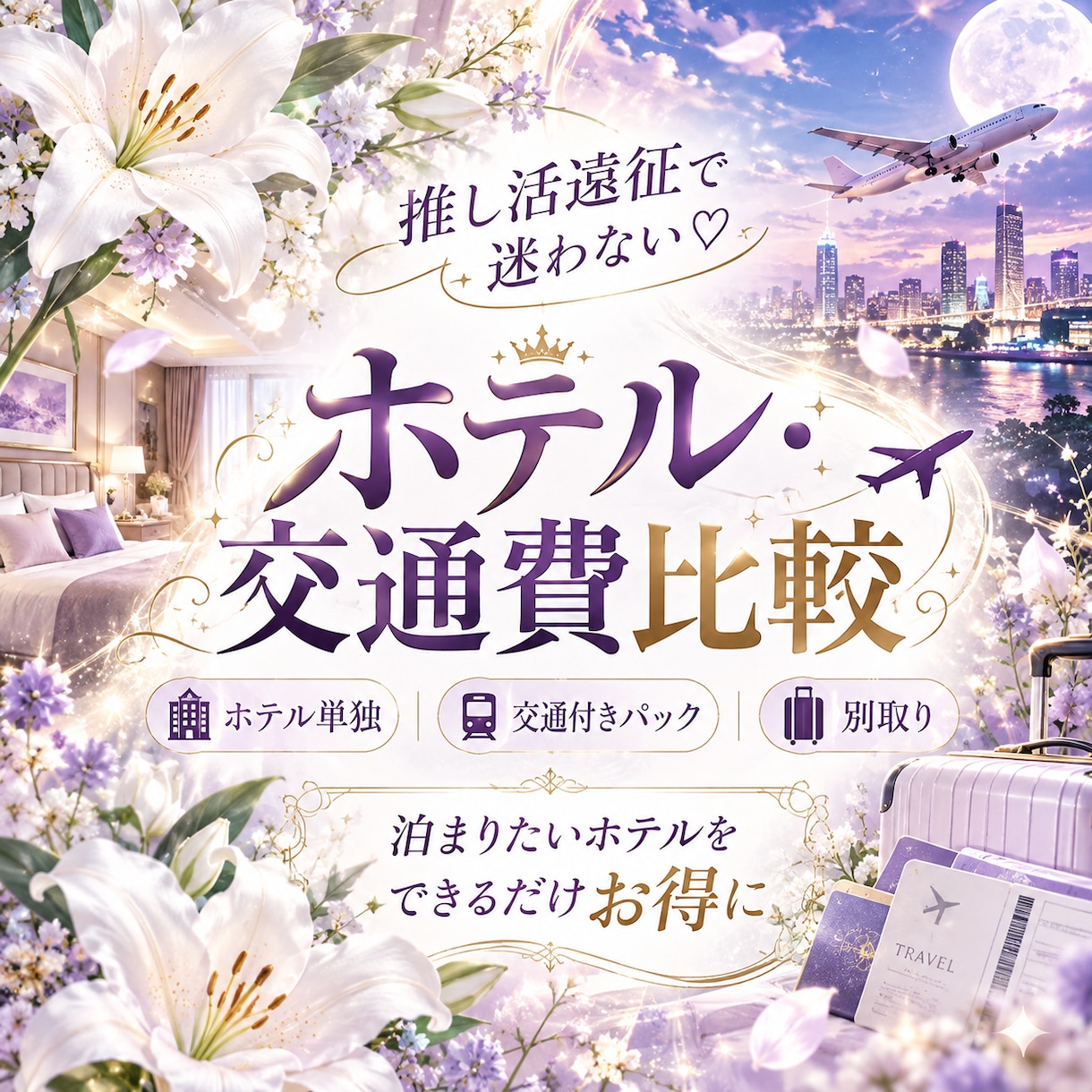 推し活遠征のホテル・交通費を比較します ホテル・交通・パックを比較して、お得な予約方法をご提案します イメージ1