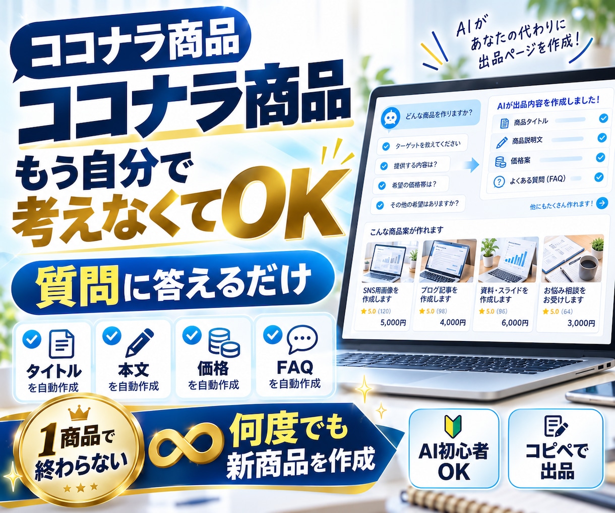 ココナラ商品を量産できるAI出品メーカーを渡します 質問に答えるだけ。タイトル・本文・価格までまとめて作れます イメージ1