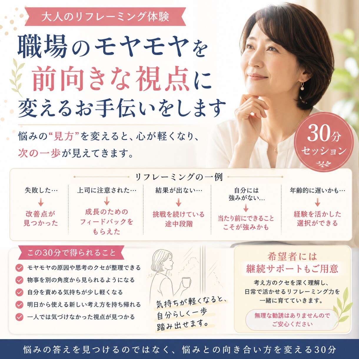 職場のモヤモヤを整理して新しい視点を見つけます 悩みとの向き合い方を変える、大人のリフレーミング体験30分 イメージ1