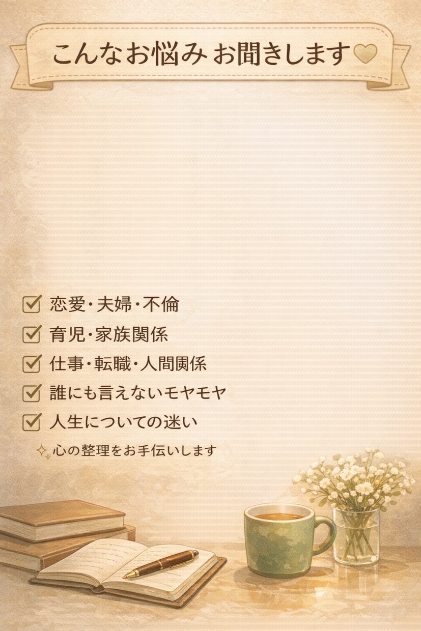 恋愛・不倫の悩みを否定せず聞きます 否定せず、あなたの気持ちに寄り添います イメージ4