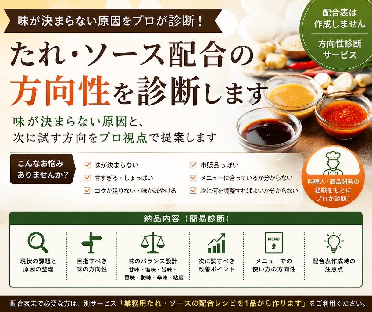 たれ・ソース配合の方向性を診断します 味が決まらない原因と、次に試す方向をプロ視点で提案します イメージ1