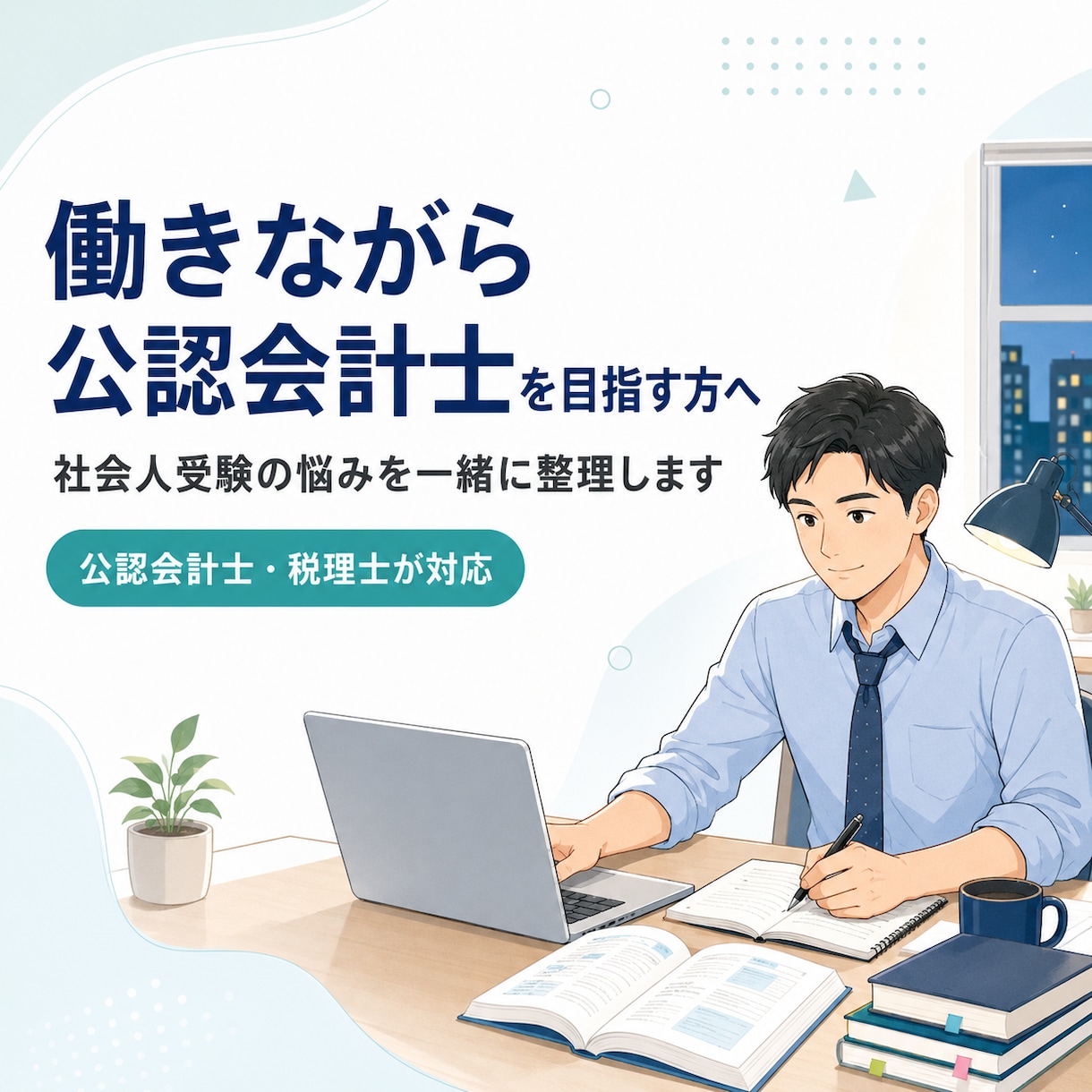 働きながら公認会計士を目指す方の相談に乗ります 働きながら合格した経験をもとに、率直にお答えします！ イメージ1