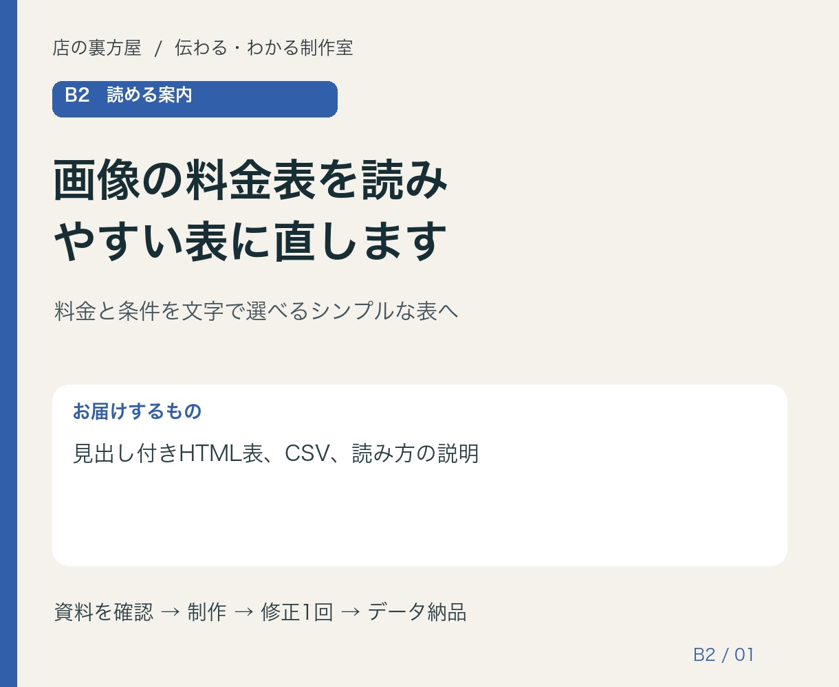 画像の料金表を読みやすい表に直します 料金と条件を文字で選べるシンプルな表へ イメージ1