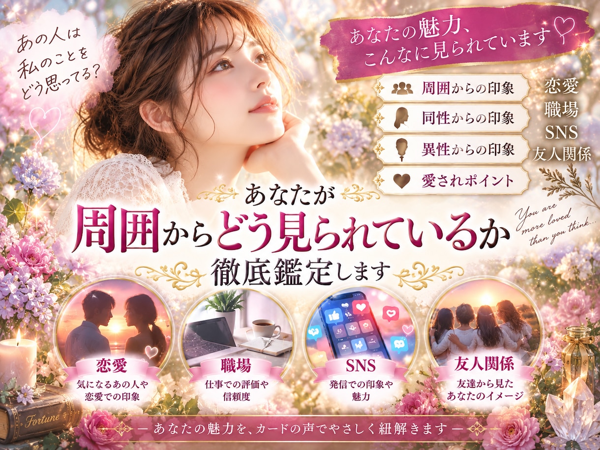 あなたが周囲からどう見られてるか徹底分析します 周囲から同性・異性から、愛されポイントや恋愛・SNSなど イメージ1