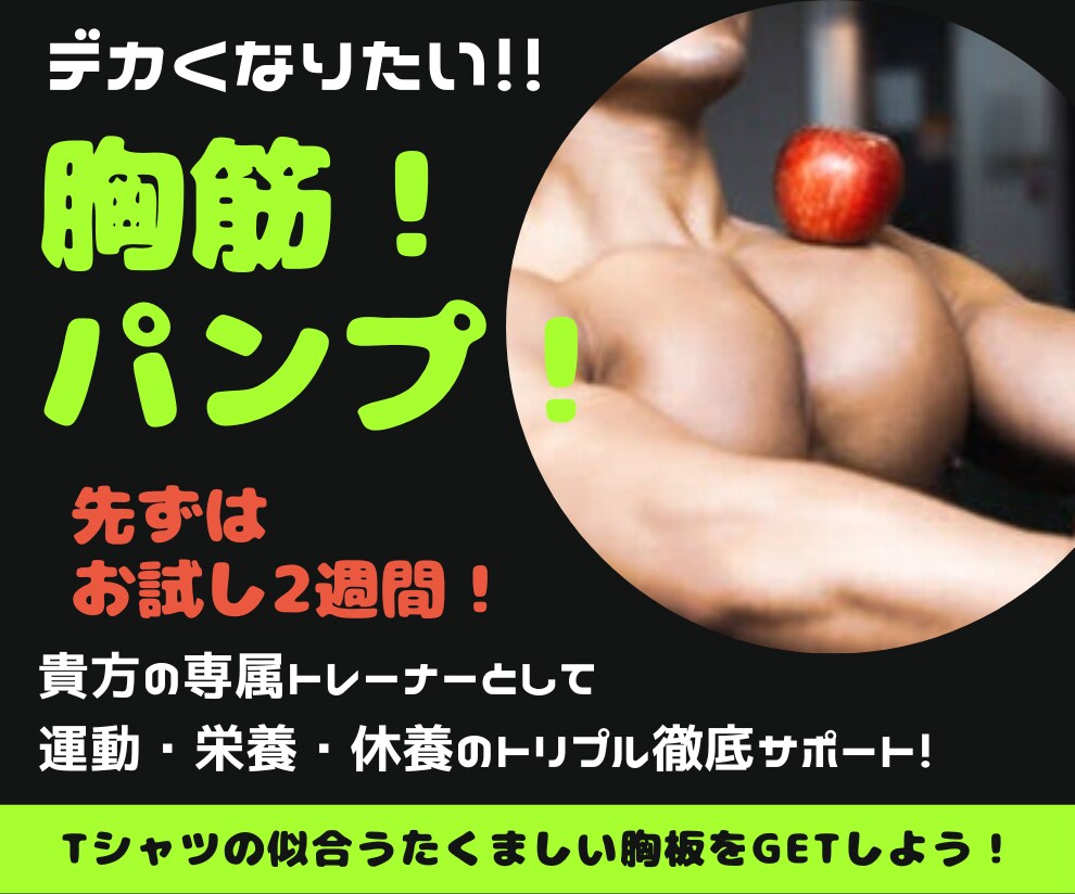 胸筋UP【先ずはお試し2週間】徹底サポート致します やっぱりたくましい胸板でTシャツが似合う身体になりたい！ イメージ1