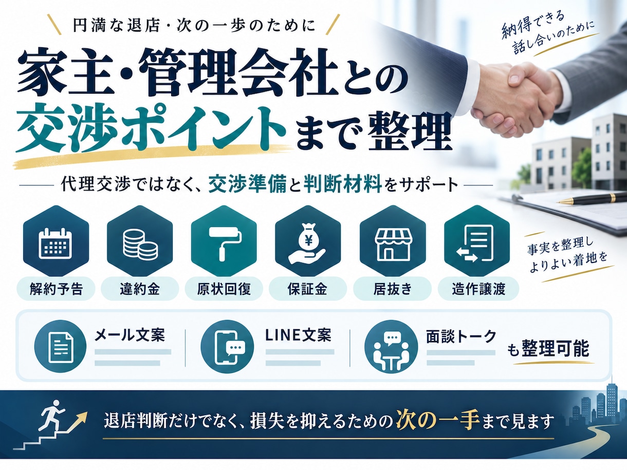 飲食店の退店判断と家主との話合いの準備を支援します 店を続けるか、閉めるか。数字をもとに一緒に整理します。 イメージ2