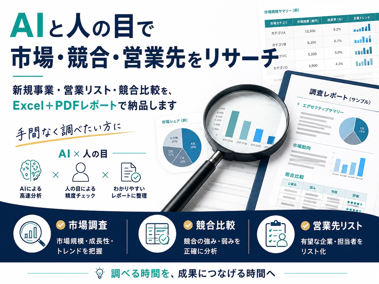 AIと人の目で市場・競合・営業先をリサーチします Excelファイル＋PDF簡易レポートで納品します イメージ1