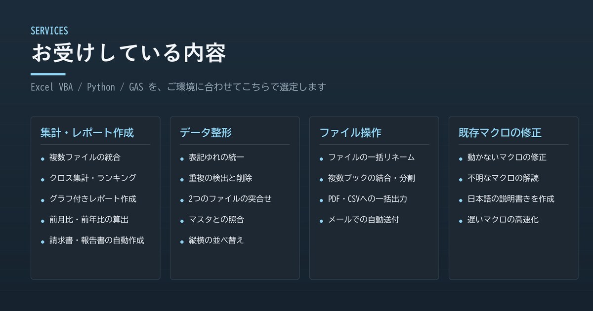 Excel集計をボタン1つに自動化します VBA・Python・GAS対応｜実物デモを公開中 イメージ3