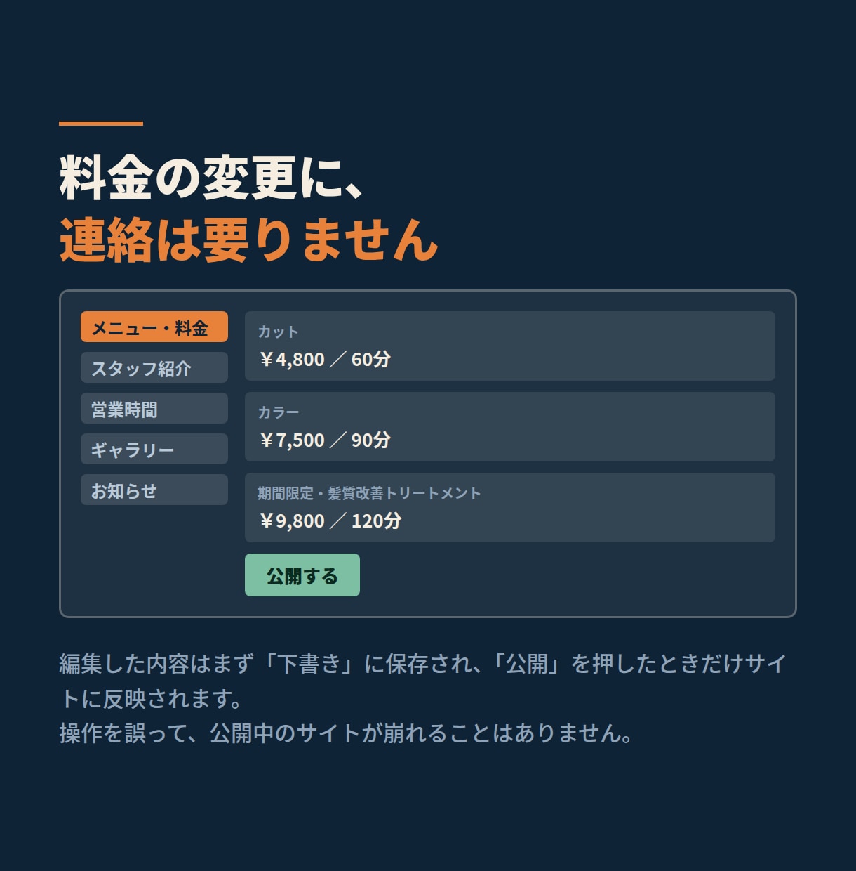 美容室・サロンの日英2言語ホームページ制作します 料金表もスタッフ紹介も自分で更新OK｜英語ページ込み イメージ2