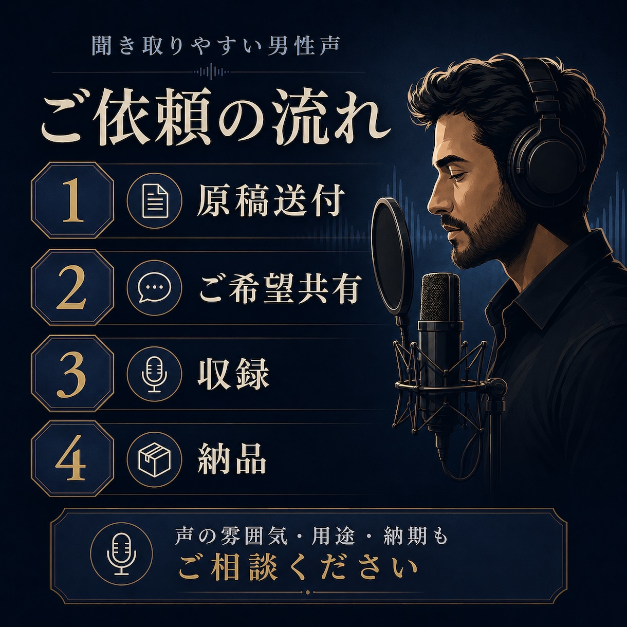 落ち着いた男性ナレーションを収録します 3年間の放送経験を活かし、聞き取りやすい声を丁寧に届けます イメージ5