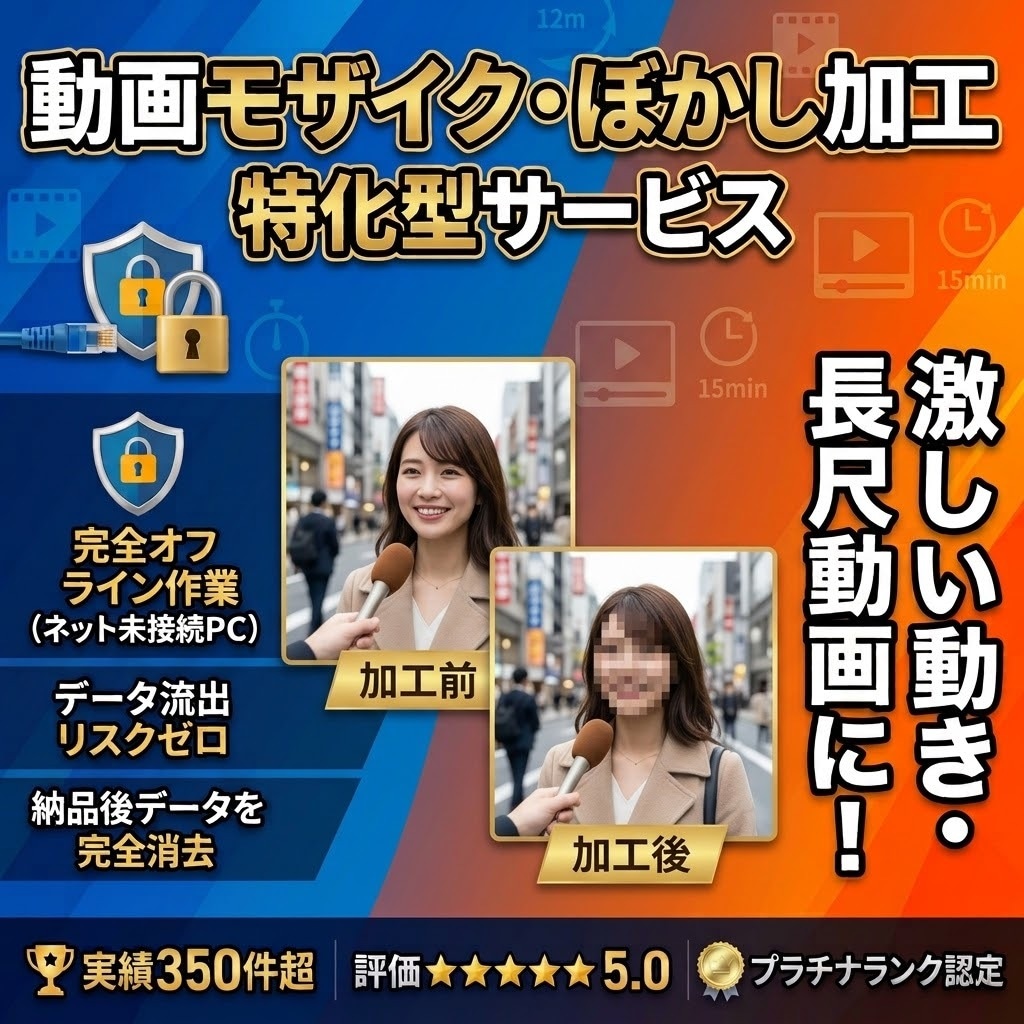 激しい動きや長尺動画のモザイク・ぼかし加工します 完全オフライン作業で安心！30分動画も最短1日スピード納品！ イメージ1