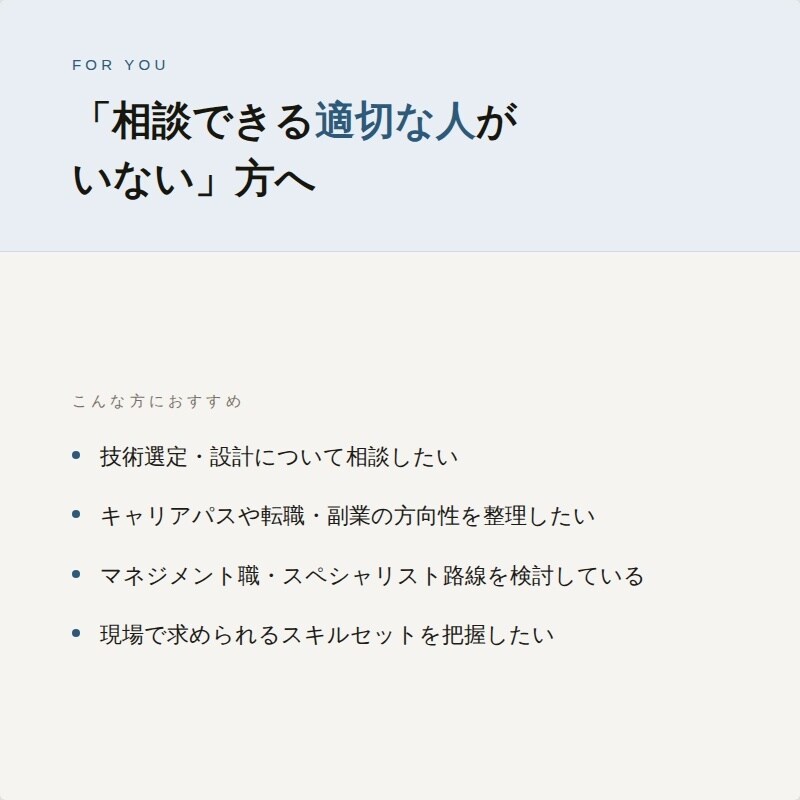 開発マネージャーが技術・キャリアの相談に乗ります 現役マネージャーが技術・キャリアの課題を一緒に整理します イメージ2