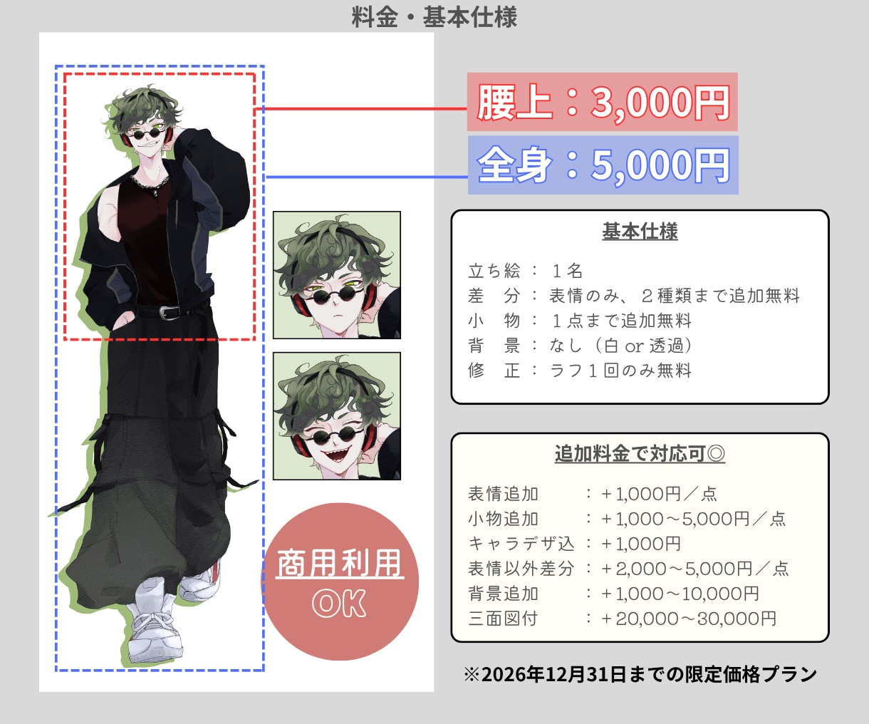 年内までの特別プラン！キャラクター立ち絵制作します 商用利用OK！【表情差分2種・小物1点】追加無料！ イメージ2