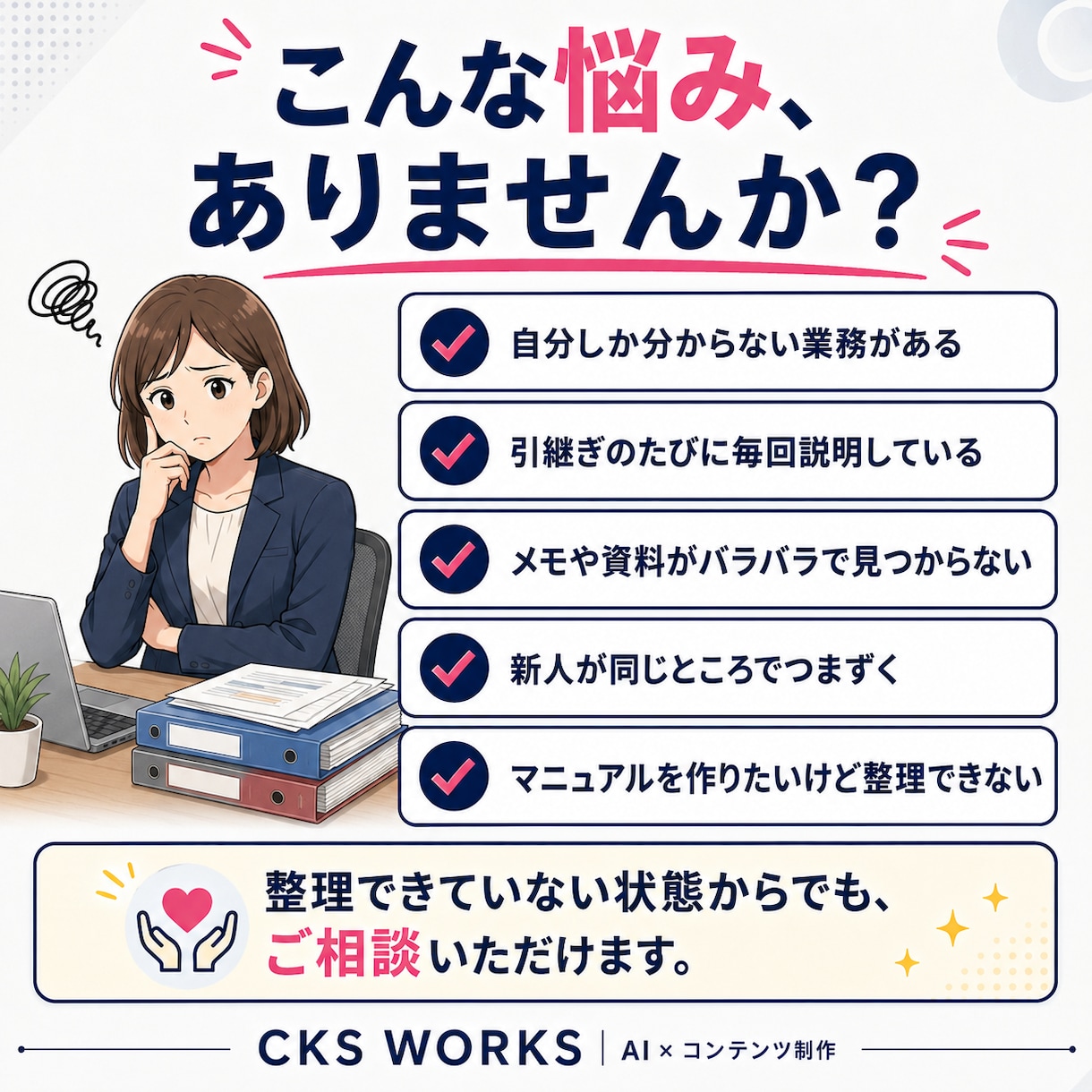 整理できていない業務をマニュアル化します ヒアリングから業務をほどいて誰かに渡せる形へ イメージ2
