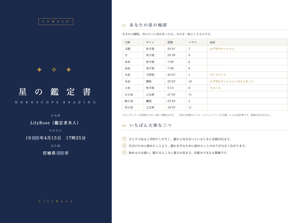 天文暦で計算するホロスコープ鑑定書を作ります 出生時刻がわからない方も。A4・7ページ以上のPDF イメージ3