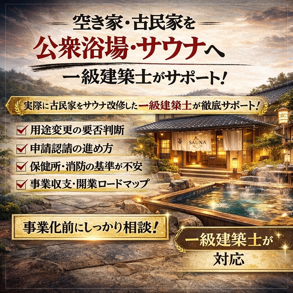 空き家をサウナや浴場への用途変更のサポートします 古民家をサウナへリノベし営業許可を得た経験からサポートします イメージ1