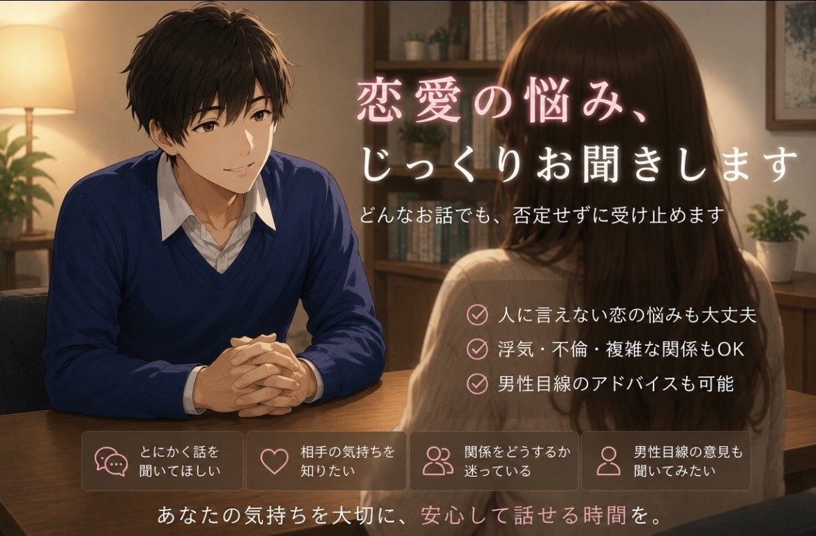普通の恋愛から人に言えない関係までお聞きします 否定せず傾聴し男性目線からも一緒に考えます イメージ1