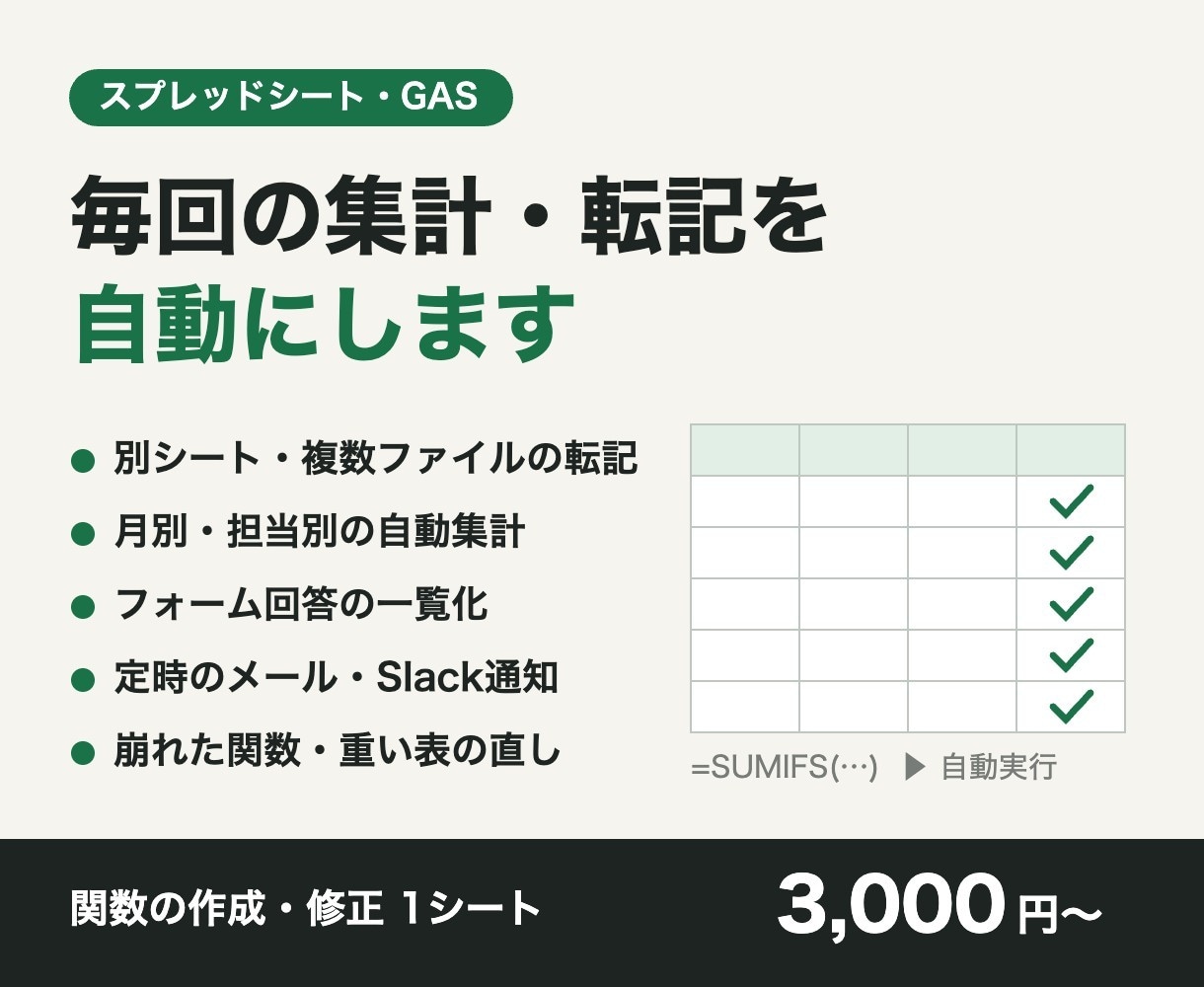 スプレッドシートの関数・GASで作業を自動化します 集計・転記・通知を、ボタン1つで終わる形に イメージ1