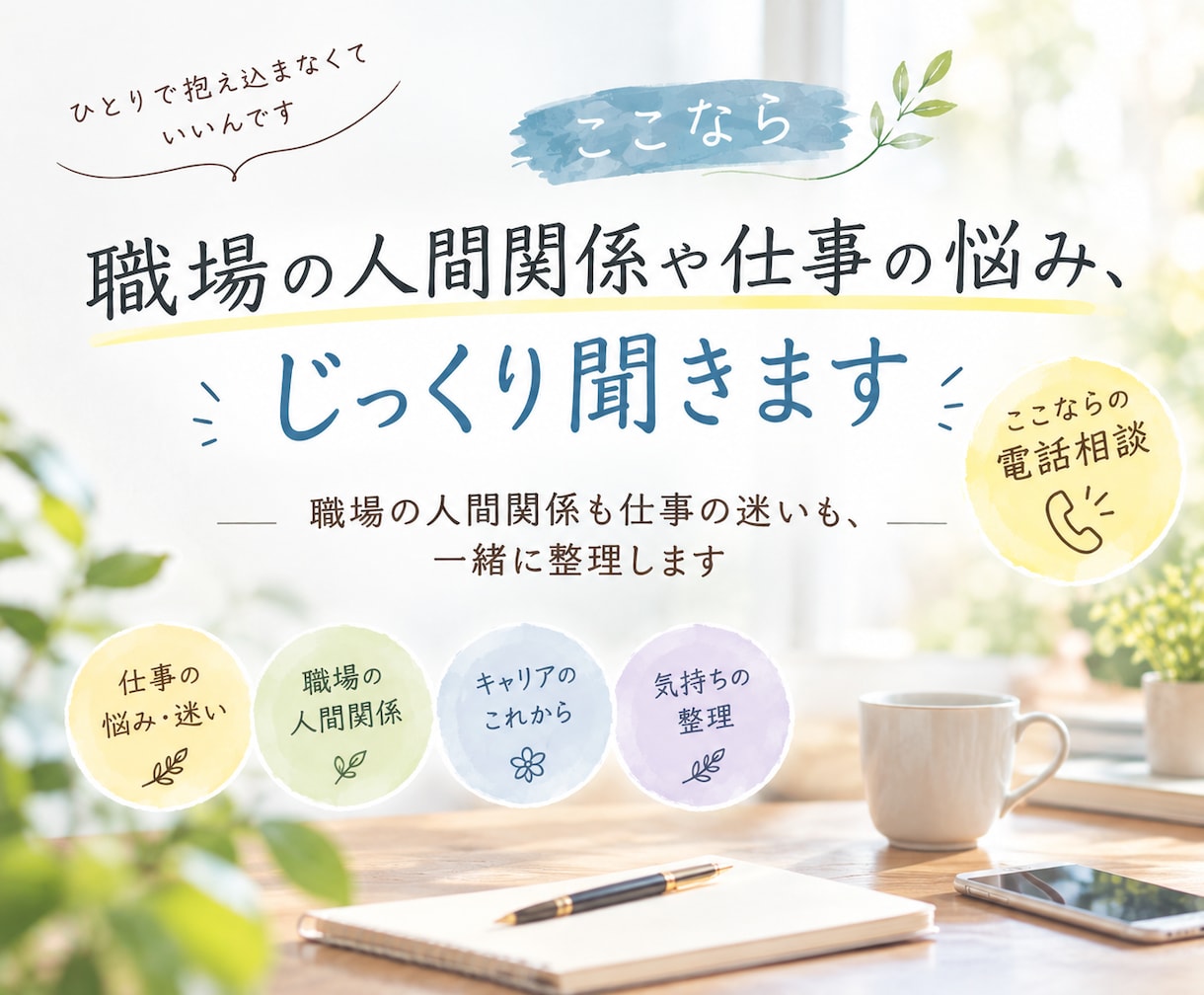 職場の人間関係や仕事の悩み、じっくり聞きます 職場の人間関係も仕事の迷いも、一緒に整理します イメージ1