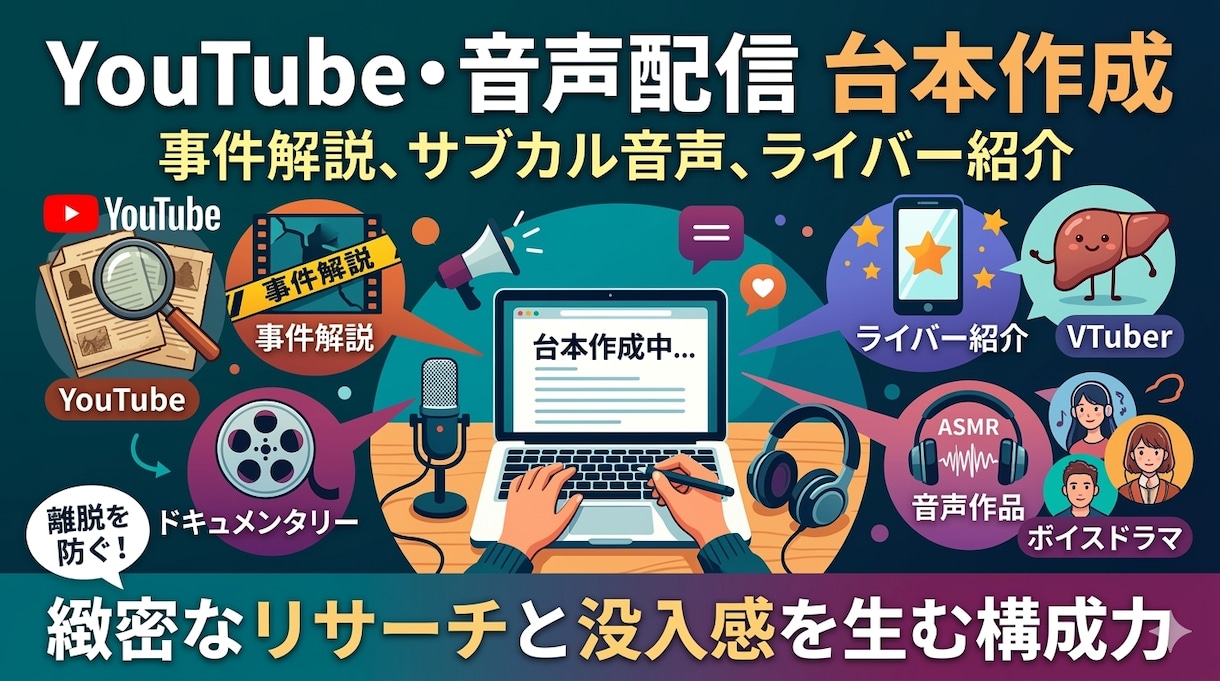 実績多数！解説やサブカル音声の台本を作成します 怪事件の裏側からサブカルの深淵まで、圧倒的没入感の台本執筆 イメージ1