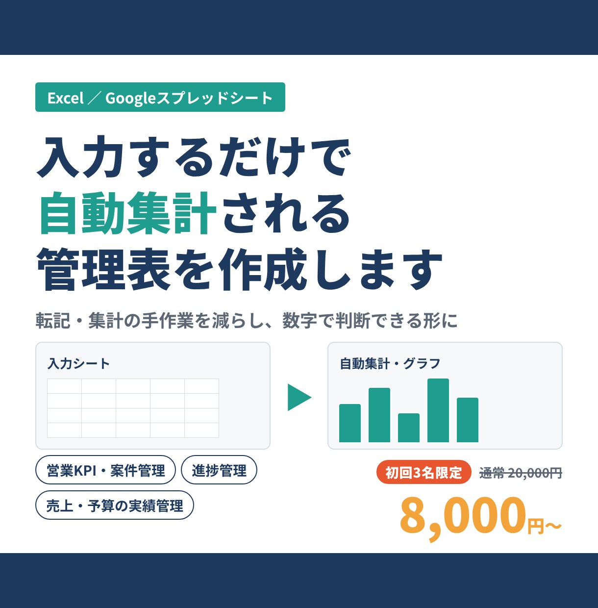 Excel・スプシで自動集計管理表作成します 転記・集計の手作業を減らし、数字で判断できる形にします イメージ1