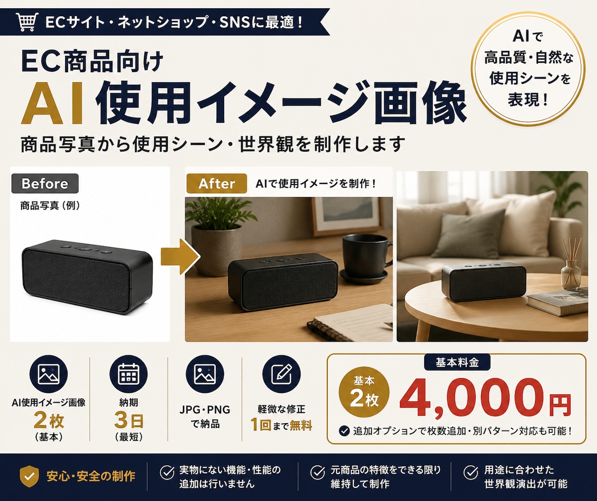 EC商品向けAI使用イメージ画像を制作します 商品写真をもとに、実写感のある使用シーン・世界観画像を作成 イメージ1
