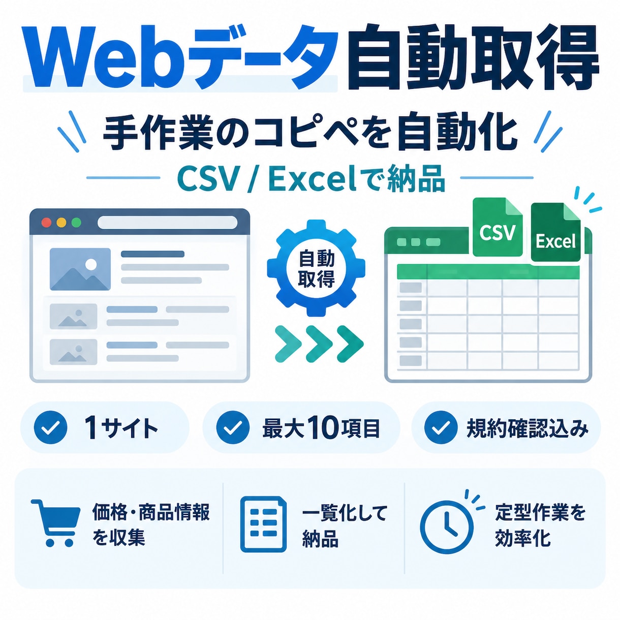 Webデータを自動取得しCSVで納品します 手作業の情報収集を自動化しExcel形式にも対応します イメージ1