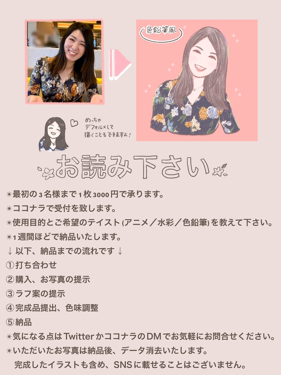 お写真をベースに似顔絵を描きます 水彩風／アニメ風／色鉛筆画風の似顔絵イラスト イメージ2
