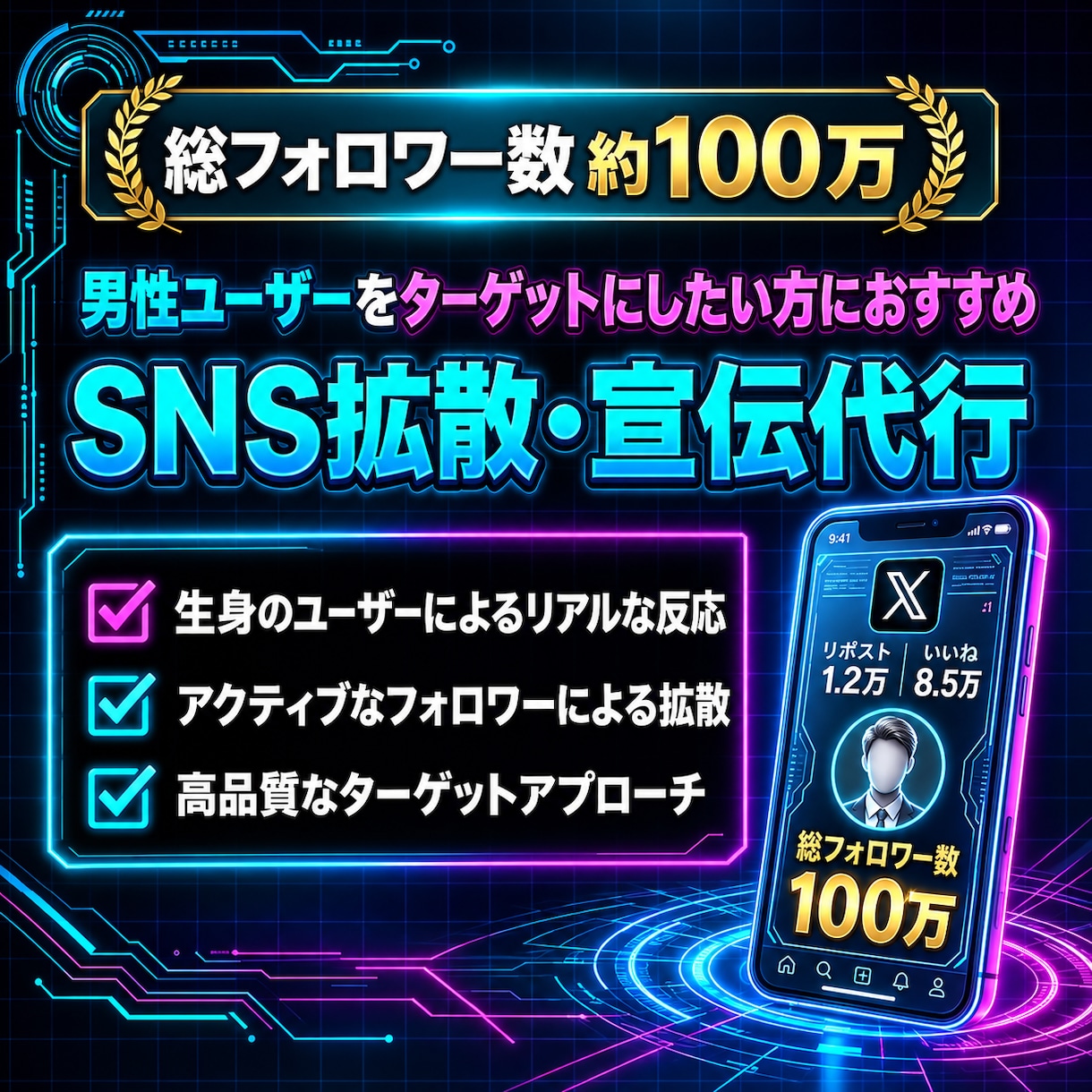 Xポストを約100万フォロワーで大規模拡散します 男性ユーザーをターゲットにしたポストを拡散したい方におすすめ イメージ1