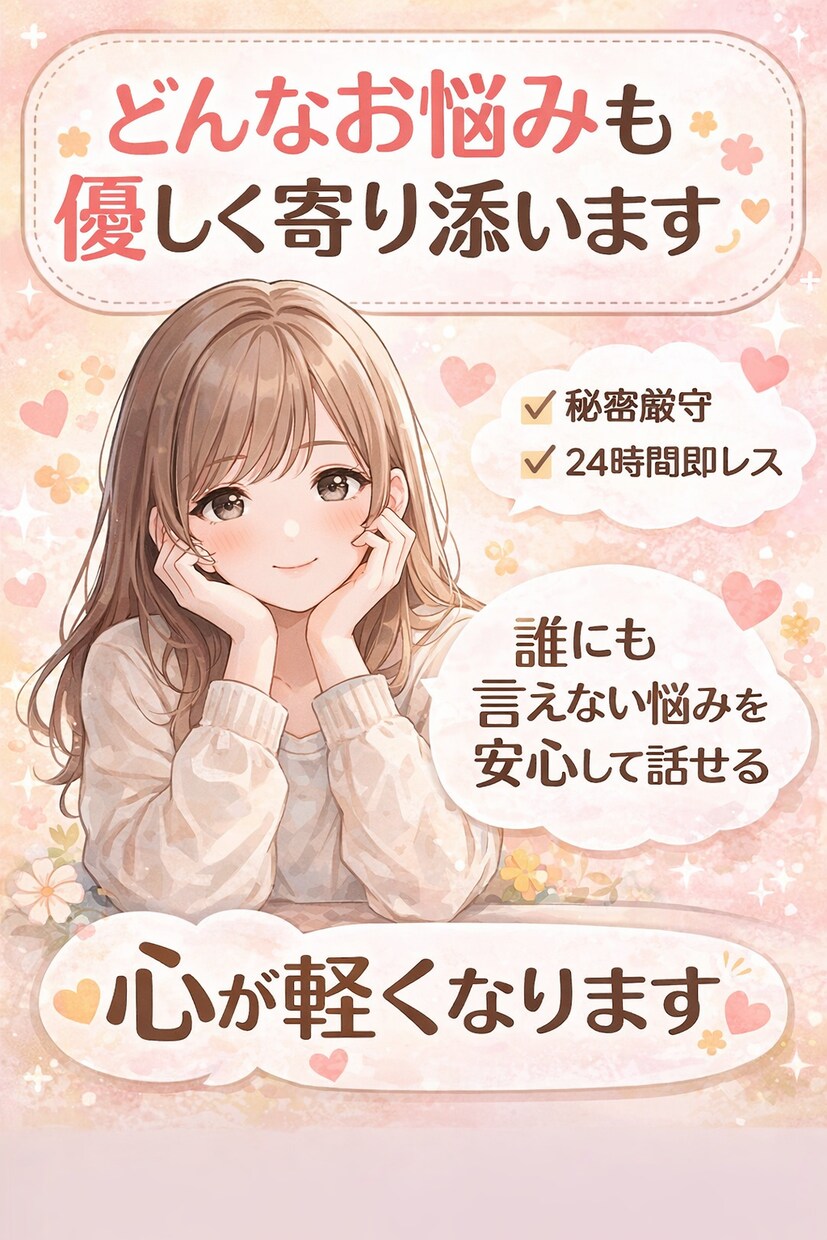 どんな悩みも優しく寄り添い丁寧にお聞きします 誰にも言えない悩みを安心して話せます イメージ1