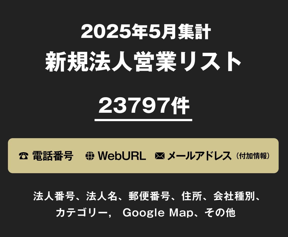 営業リスト 25年5月 新規法人リストを即納します セール中！総数23797件 電話4529件 メール819件 イメージ1