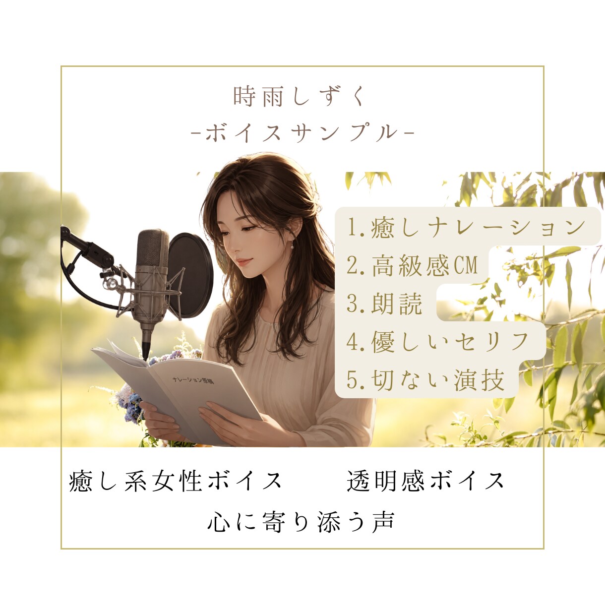 優しく透明感のある女性ボイスをお届けします キャラクターボイスも行っています。 イメージ1