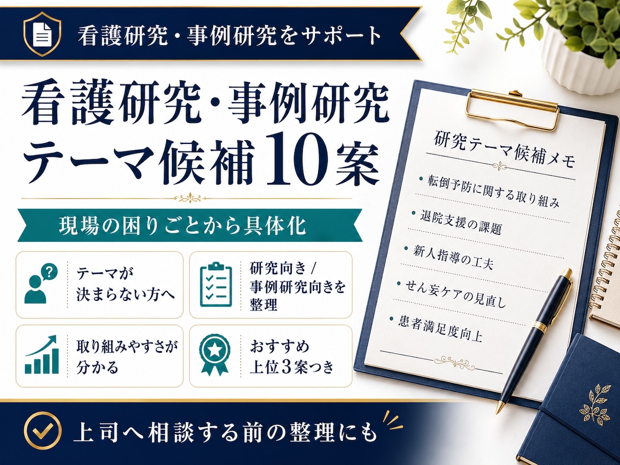 看護研究・事例研究テーマ候補を10案作成します 現場の悩みをもとに、取り組みやすい上位3案まで提案 イメージ1