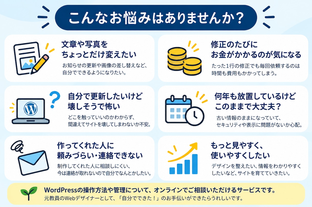 WordPressのお悩み、なんでも相談にのります 元教員のWebデザイナーが、やさしく一緒に解決方法を考えます イメージ3
