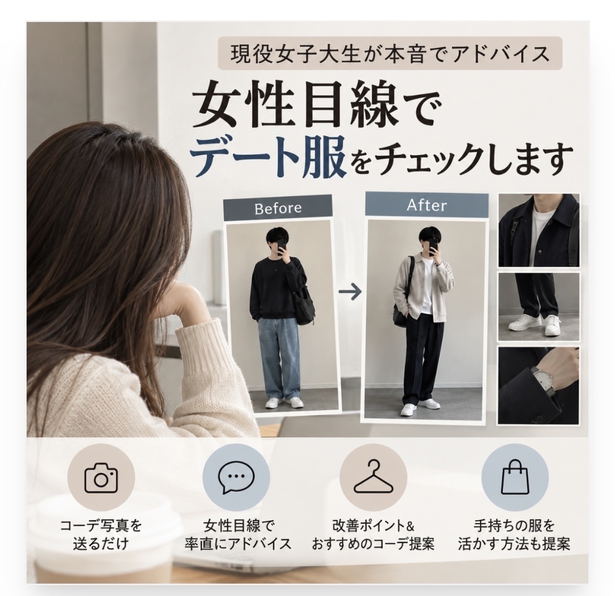 女子大生が本音で、デートの服アドバイスします 24時間以内返信　大事なデートの服装相談、お任せください！ イメージ1