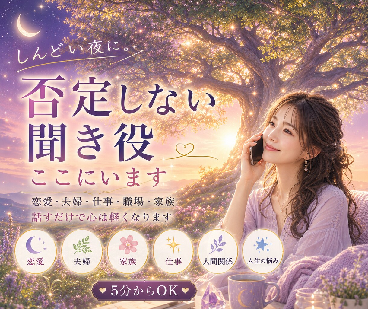 しんどい夜に。否定しない聞き役ここにいます 1分からokです/恋愛/夫婦/仕事/職場/家族/子育て/不安 イメージ1