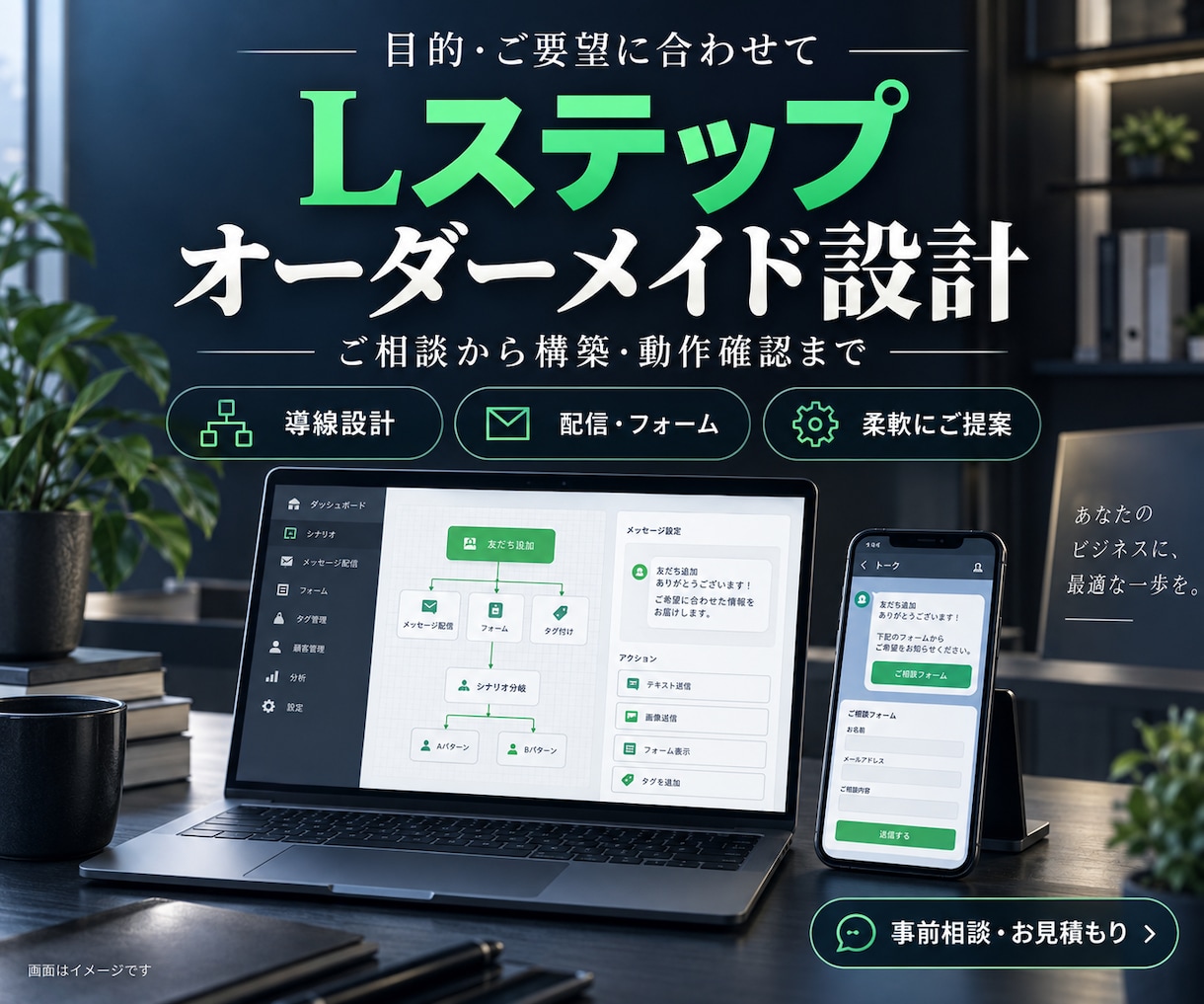 目的に合わせてLステップを設計・構築します 決まった構成でなく、必要な機能・導線を相談して作ります イメージ1