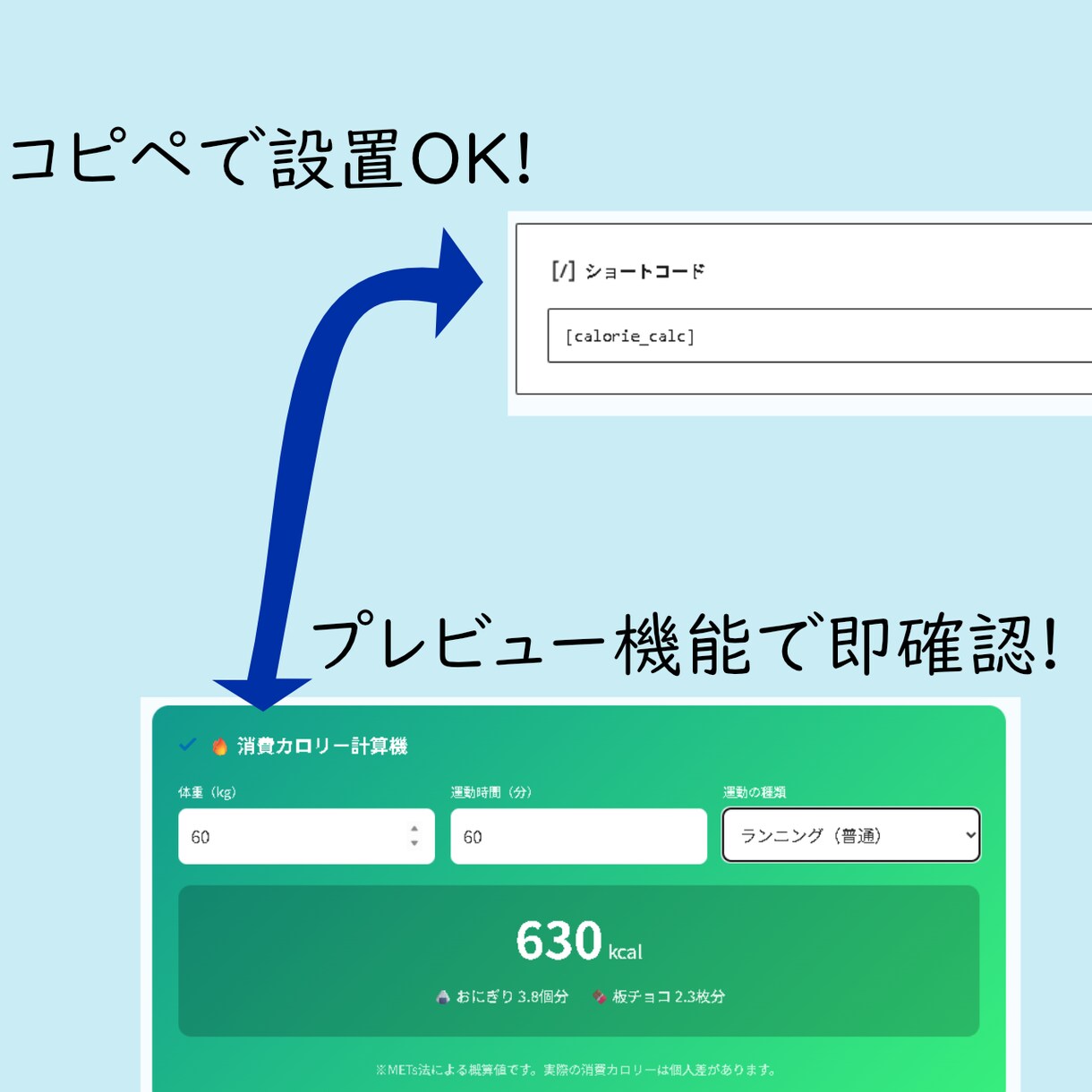 運動の消費カロリー計算機をWPに簡単設置します ダイエット記事の質向上。15種類の運動カロリーを自動計算 イメージ1