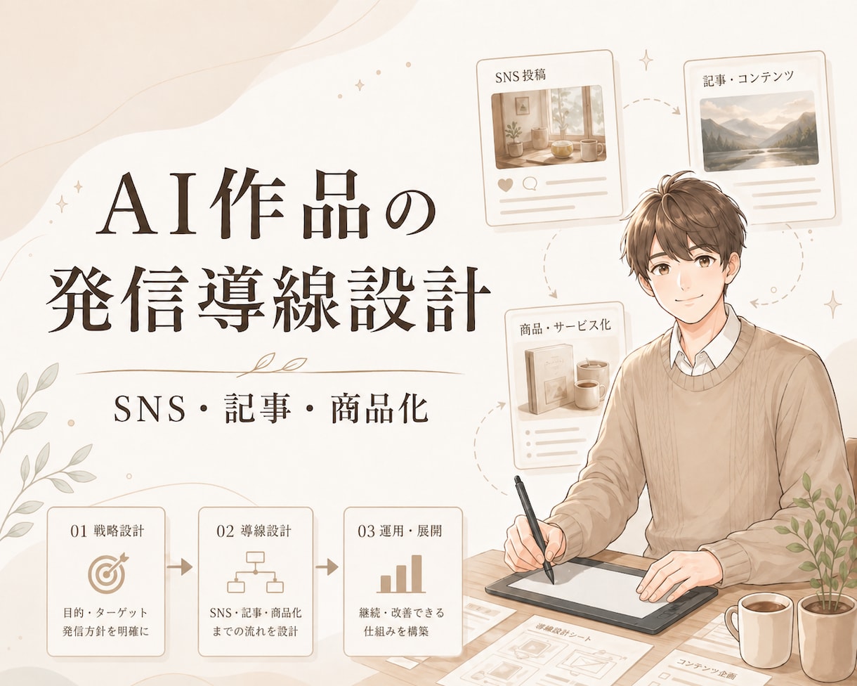 AI作品を仕事につなげる発信導線を整えます AI作品を作って終わりにせず、発信や商品につなげたい方へ イメージ1