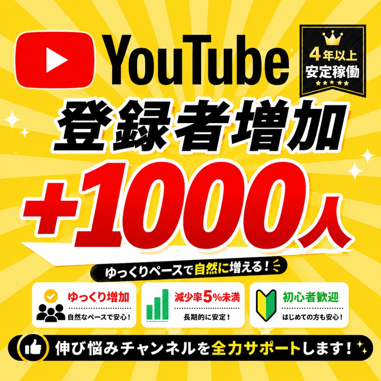 YouTube☆チャンネル登録1000人増加します 減少率5％未満★4年以上安定稼働！ゆっくりペースで登録者増加 イメージ1