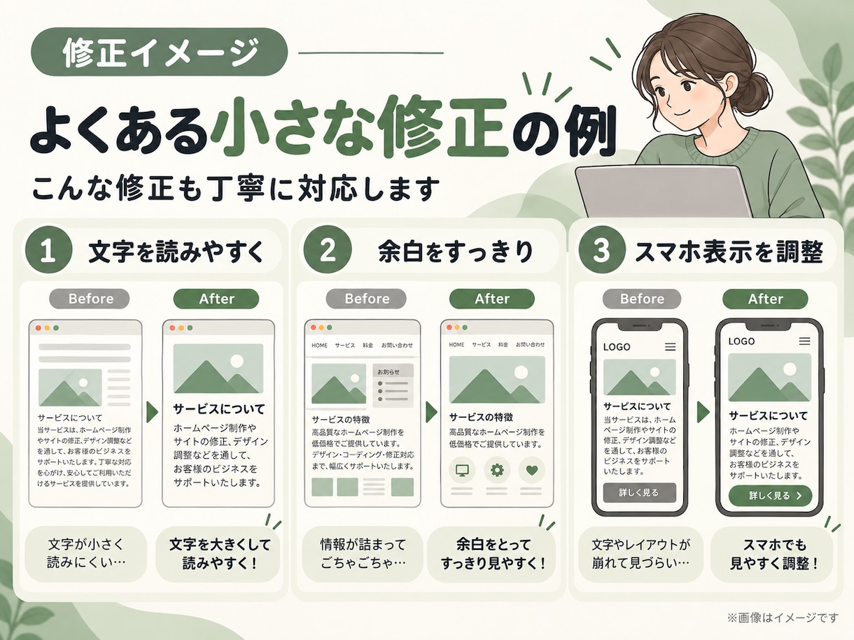 HTML・CSSの小さな修正を丁寧に対応します 文字・色・余白・画像・スマホ表示などの軽微な修正に対応します イメージ4