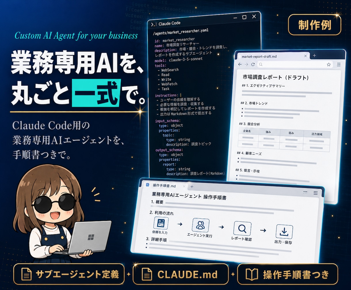 Claude Code用AIエージェント作ります 自社業務を知っているAIを、手順書付き一式で資産化 イメージ1