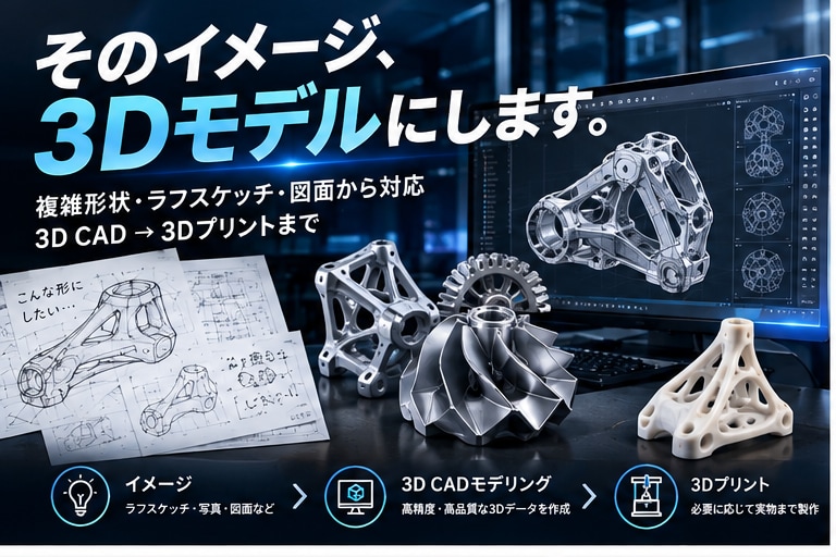 そのイメージを3Dモデルに！複雑形状も対応します 「複雑な形状も、あなたのイメージからカタチに。」 イメージ1