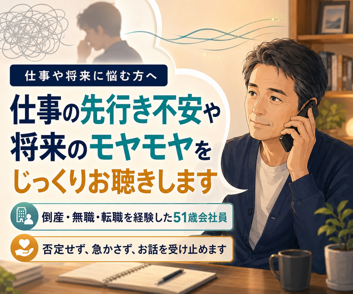 仕事の先行き不安や将来へのモヤモヤをお聴きします 勤め先の倒産・無職・転職を経験した僕があなたの話を聴きます。 イメージ1