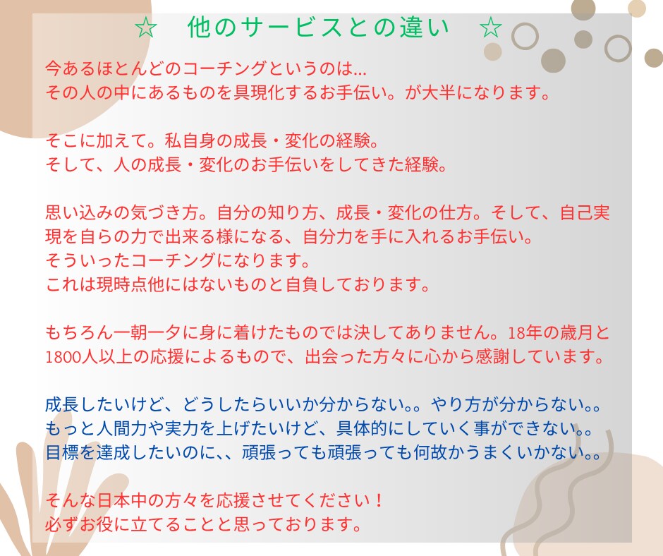 変わりたい方必見。コーチングで成長・変化します 実績18年1800件。専門プロコーチングが習慣化まで導きます イメージ4