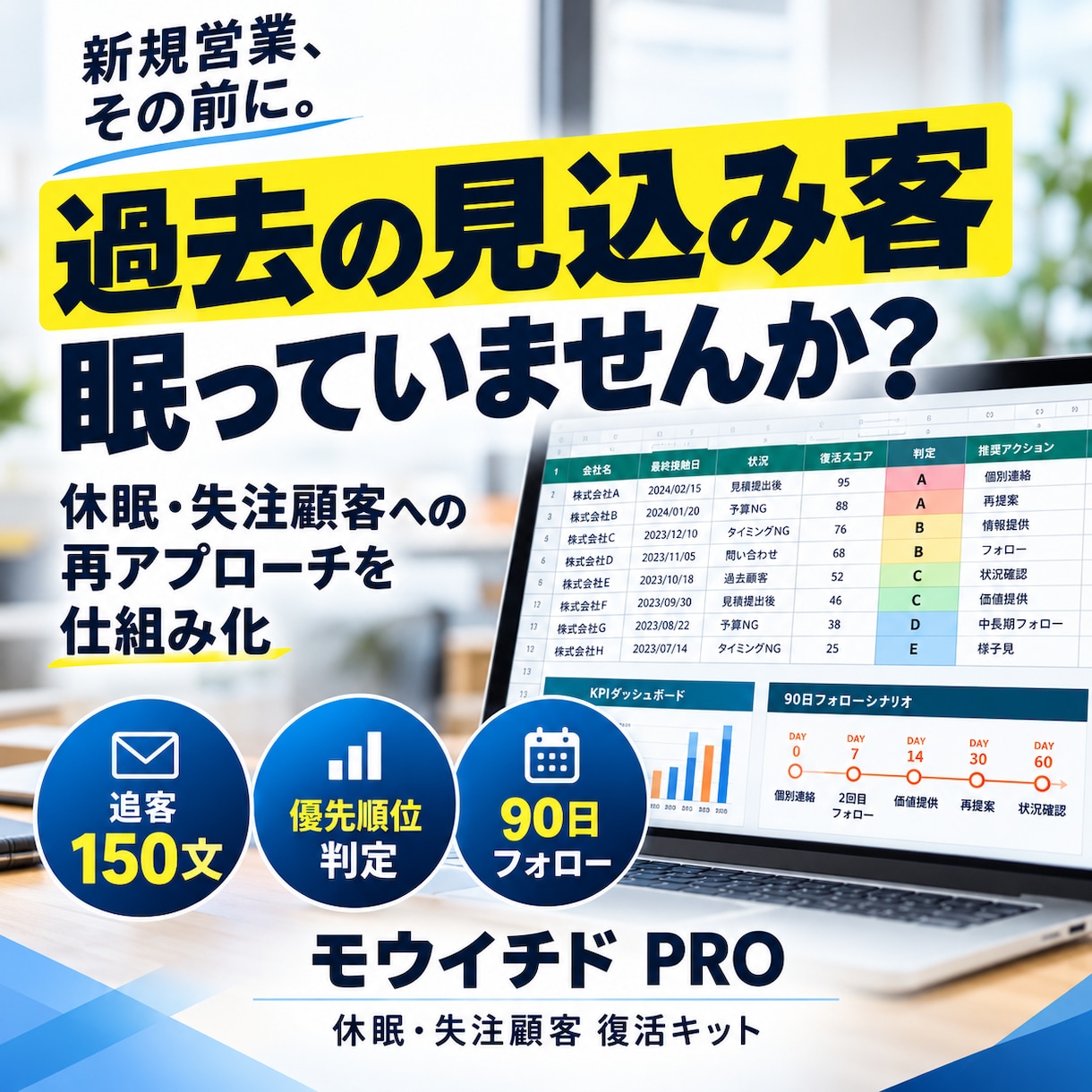 失注顧客・休眠顧客を売上に変えるツールを提供します 追客文150種＋優先順位判定＋90日フォローをこれ1つに イメージ1