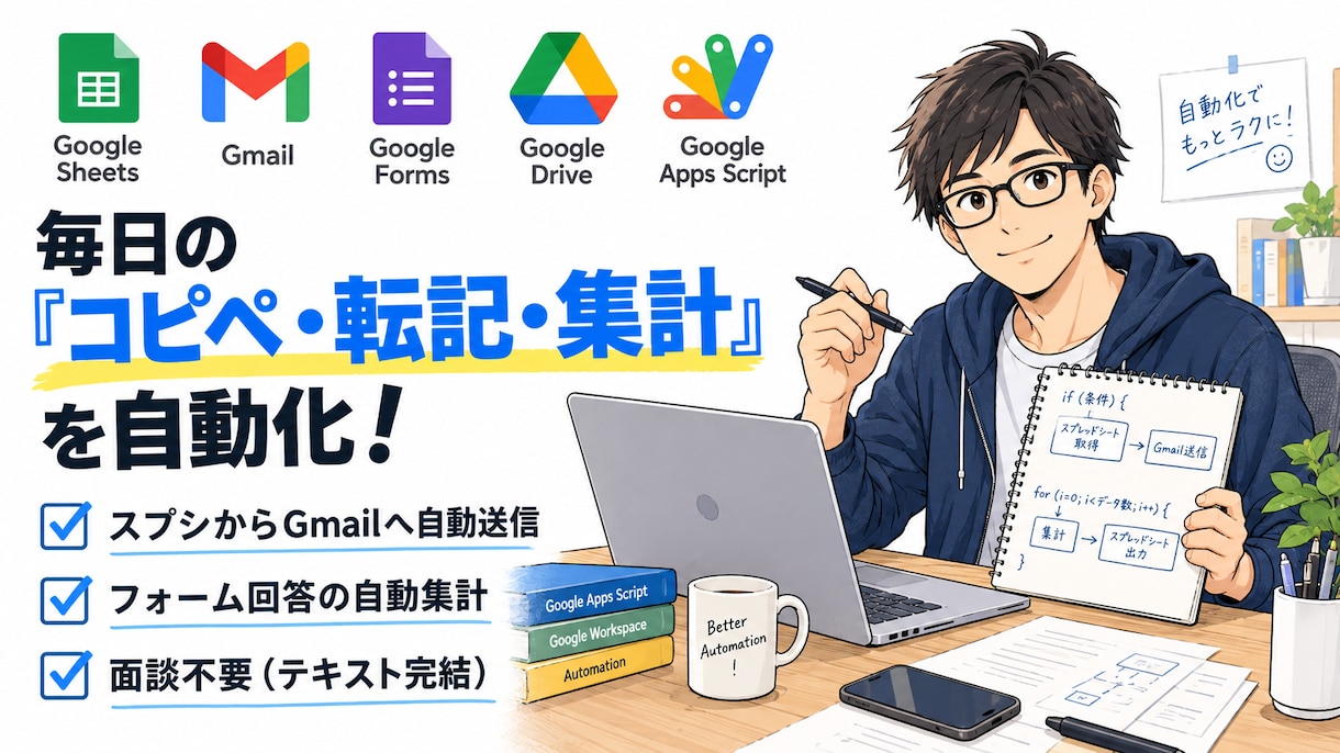 手作業ゼロ！インフラSEがGASで業務自動化します 事前通話なし！毎日の面倒なコピペや転記作業の手間をなくします イメージ1