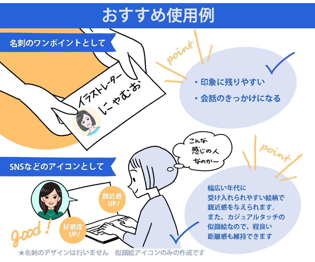 好感度up！人柄伝わる似顔絵アイコン作成します 《書籍・雑誌で活動中の現役イラストレーターが作成します》 イメージ6