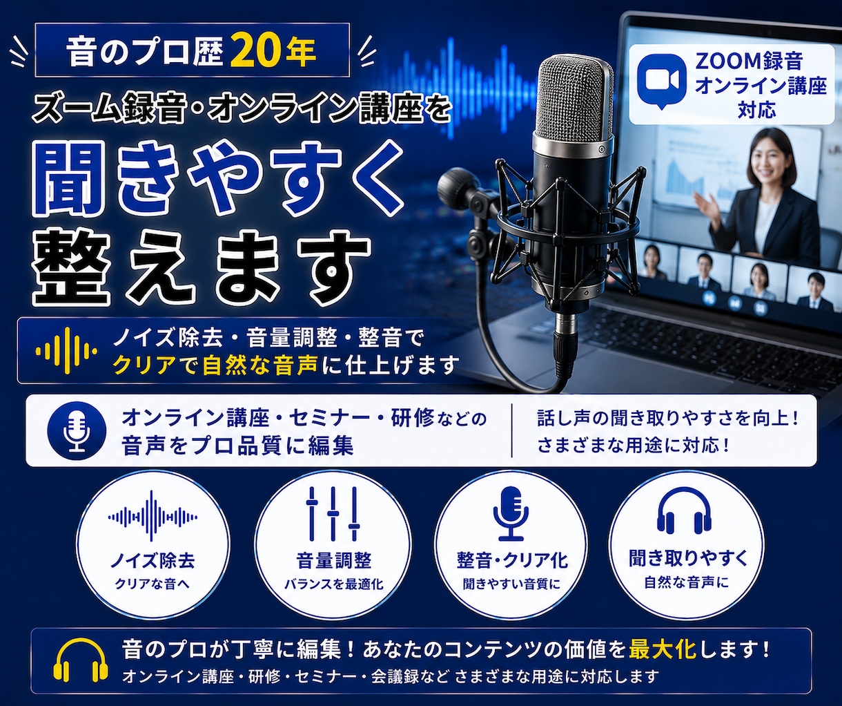 Zoom録音・オンライン講座を聞きやすく整えます 音のプロ歴20年。聞き取りやすく自然な音声に仕上げます。 イメージ1