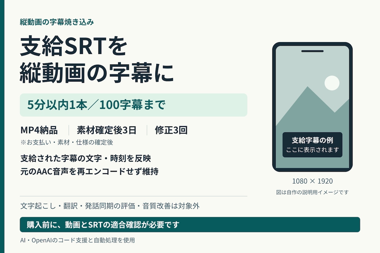支給SRTを縦動画の字幕に焼き込みます 5分以内1本・100字幕まで、音声はそのまま イメージ1